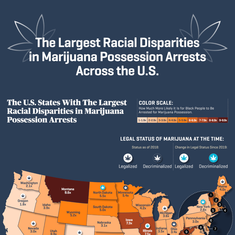 The Largest Racial Disparities in Marijuana Possession Arrests Across the U.S. - CriminalAttorneyCincinnati.com - Infographic